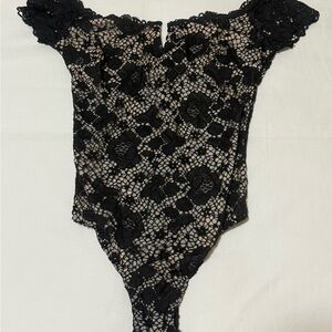 Victoria's Secret Black and Cream Lace Bodysuit